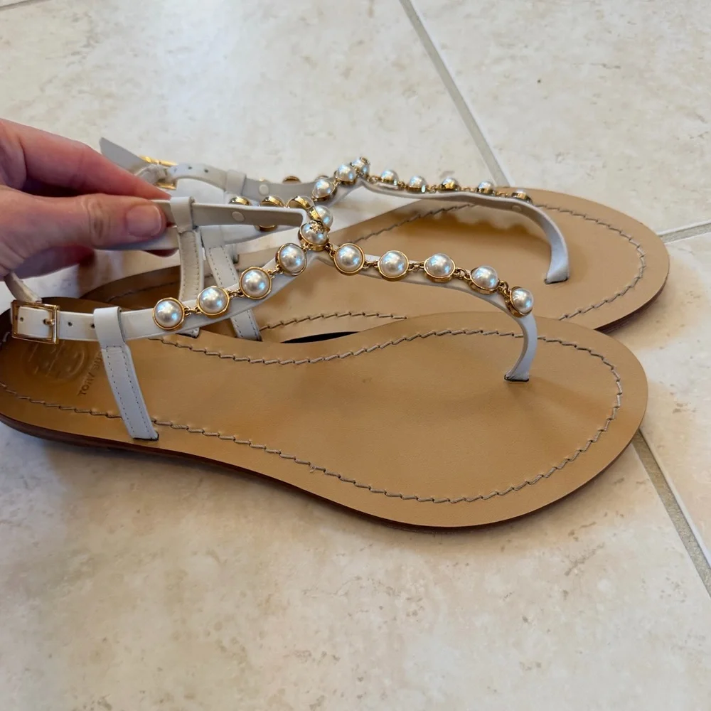 Tory Burch White Pearl-Trim T-Strap Sandals - Picture 2 of 4